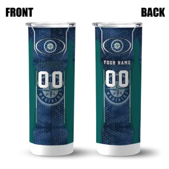 custom seattle mariners stacked diamond navy blue skinny tumbler fashion forward.webp