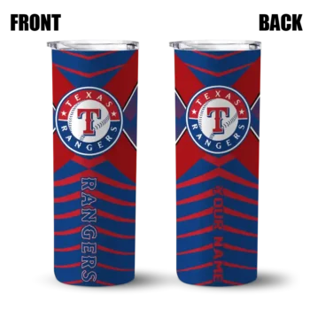 custom texas rangers camo texture blue skinny tumbler fashion forward.webp