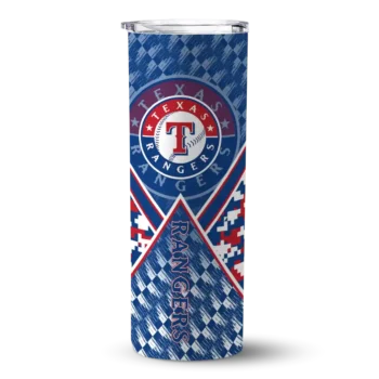 custom texas rangers monogram burst blue white skinny tumbler best selling.webp
