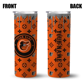 customized baltimore orioles camo streak orange skinny tumbler fashion forward.webp