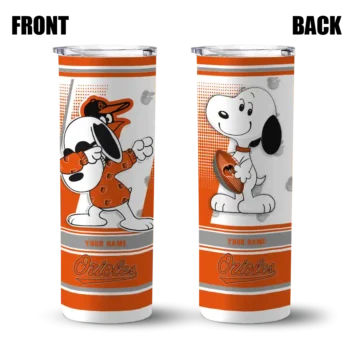 customized baltimore orioles snoopy dog orange white skinny tumbler fashion forward.webp