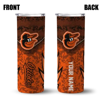 customized baltimore orioles spiral burst print orange skinny tumbler fashion forward.webp
