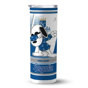customized kansas city royals snoopy dog royal blue white skinny tumbler best selling.webp