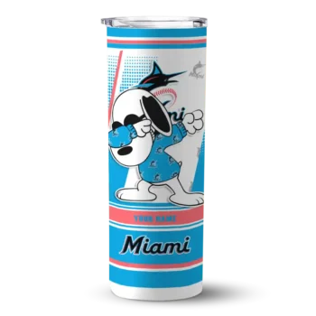 customized miami marlins snoopy dog blue white skinny tumbler best selling.webp