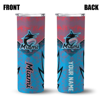 customized miami marlins spiral burst print blue skinny tumbler fashion forward.webp