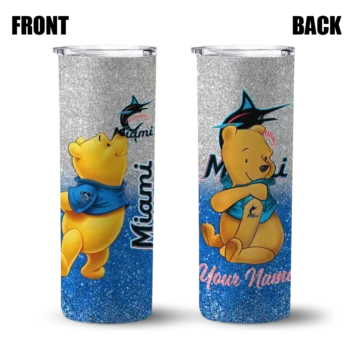 customized miami marlins winnie the pooh blue gray skinny tumbler fashion forward.webp