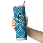 customized miami marlins zipper leopard blue skinny tumbler best selling.webp