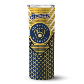 customized milwaukee brewers chevron stripes navy blue skinny tumbler best selling.webp