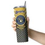 customized milwaukee brewers chevron stripes navy blue skinny tumbler best selling.webp