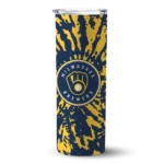 customized milwaukee brewers metallic grid navy blue skinny tumbler best selling.webp