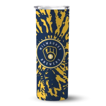 customized milwaukee brewers metallic grid navy blue skinny tumbler best selling.webp