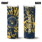 customized milwaukee brewers metallic grid navy blue skinny tumbler best selling.webp