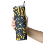 customized milwaukee brewers metallic grid navy blue skinny tumbler best selling.webp