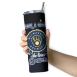 customized milwaukee brewers rose romance navy blue black skinny tumbler best selling.webp