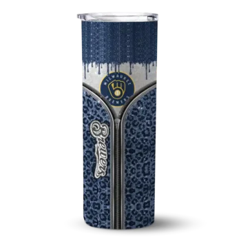 customized milwaukee brewers sparkle drip navy blue skinny tumbler best selling.webp