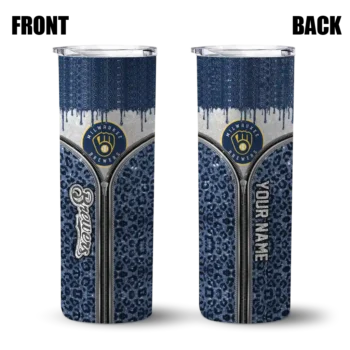 customized milwaukee brewers sparkle drip navy blue skinny tumbler fashion forward.webp