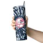 customized new york yankees metallic grid navy skinny tumbler best selling.webp