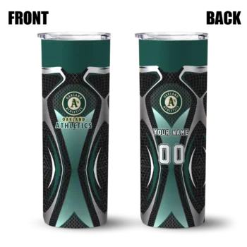 customized oakland athletics superman emblem green black skinny tumbler fashion forward.webp