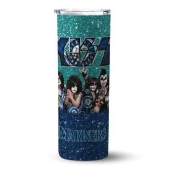 customized seattle mariners kiss band green skinny tumbler best selling.webp