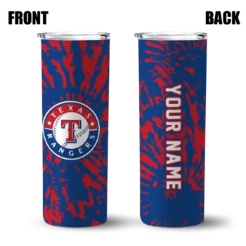 customized texas rangers metallic grid blue skinny tumbler fashion forward.webp