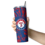 customized texas rangers metallic grid blue skinny tumbler best selling.webp