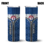 customized texas rangers sparkle drip blue skinny tumbler best selling.webp