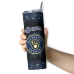 milwaukee brewers radiant glitter navy blue skinny tumbler best selling.webp