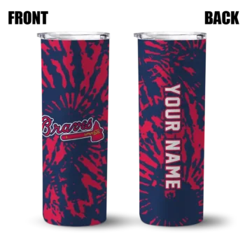 personalized atlanta braves metallic grid navy skinny tumbler fashion forward.webp