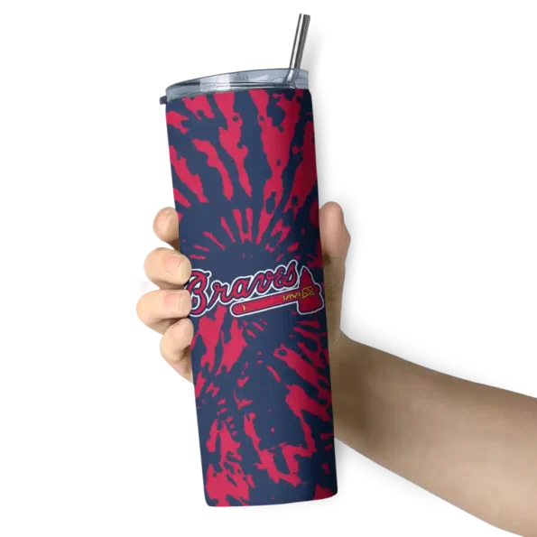 personalized atlanta braves metallic grid navy skinny tumbler premium grade.webp