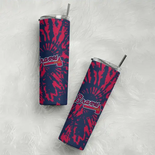 personalized atlanta braves metallic grid navy skinny tumbler top rated.webp