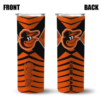 personalized baltimore orioles camo texture orange skinny tumbler fashion forward.webp