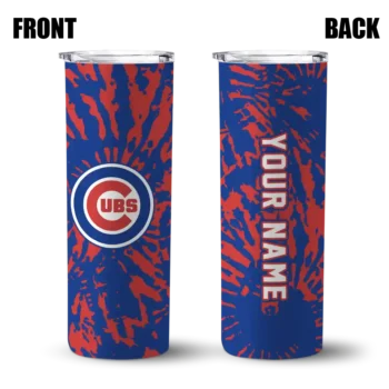 personalized chicago cubs metallic grid blue skinny tumbler fashion forward.webp
