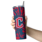 personalized cleveland guardians metallic grid navy blue skinny tumbler best selling.webp