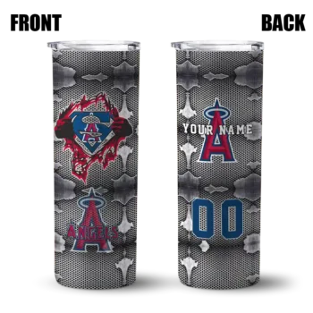 personalized los angeles angels chevron v blue gray skinny tumbler fashion forward.webp