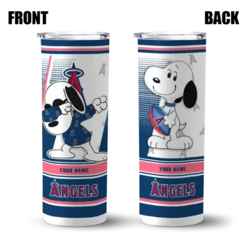 personalized los angeles angels snoopy dog blue white skinny tumbler fashion forward.webp