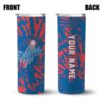 personalized los angeles dodgers metallic grid blue skinny tumbler fashion forward.webp