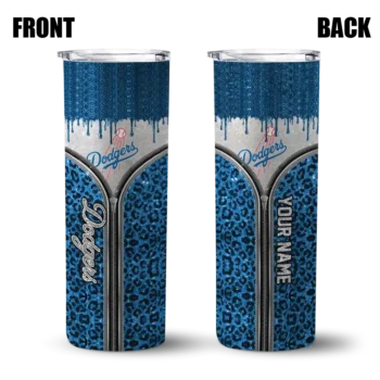 personalized los angeles dodgers sparkle drip blue skinny tumbler fashion forward.webp