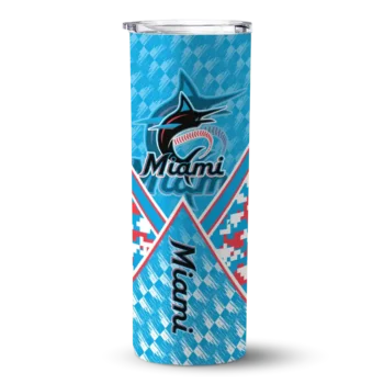 personalized miami marlins monogram burst blue white skinny tumbler best selling.webp