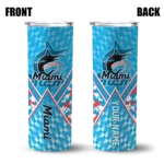 personalized miami marlins monogram burst blue white skinny tumbler best selling.webp