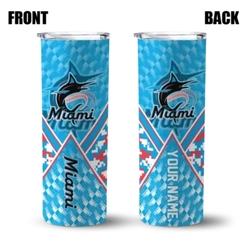personalized miami marlins monogram burst blue white skinny tumbler fashion forward.webp