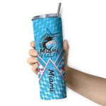 personalized miami marlins monogram burst blue white skinny tumbler best selling.webp