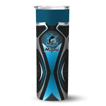 personalized miami marlins superman emblem blue black skinny tumbler best selling.webp