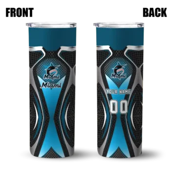 personalized miami marlins superman emblem blue black skinny tumbler fashion forward.webp