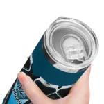 personalized miami marlins superman emblem blue black skinny tumbler best selling.webp