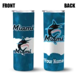personalized miami marlins torn band blue white skinny tumbler best selling.webp