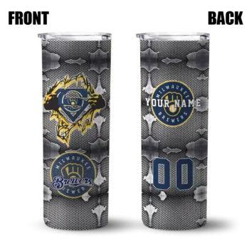 personalized milwaukee brewers chevron v navy blue gray skinny tumbler fashion forward.webp
