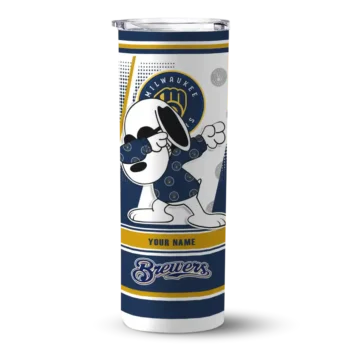 personalized milwaukee brewers snoopy dog navy blue white skinny tumbler best selling.webp