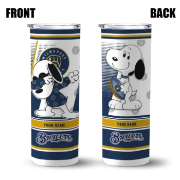 personalized milwaukee brewers snoopy dog navy blue white skinny tumbler fashion forward.webp