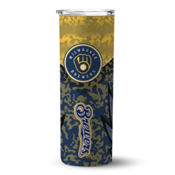 personalized milwaukee brewers spiral burst print navy blue skinny tumbler best selling.webp