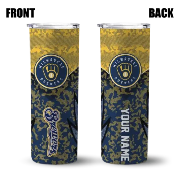 personalized milwaukee brewers spiral burst print navy blue skinny tumbler fashion forward.webp